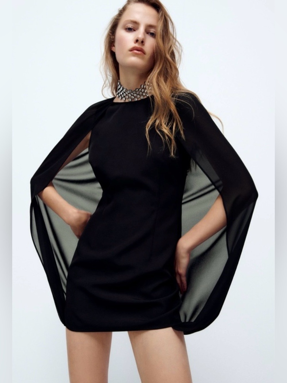 Zara Black Cape Sleeve Mini Dress XS